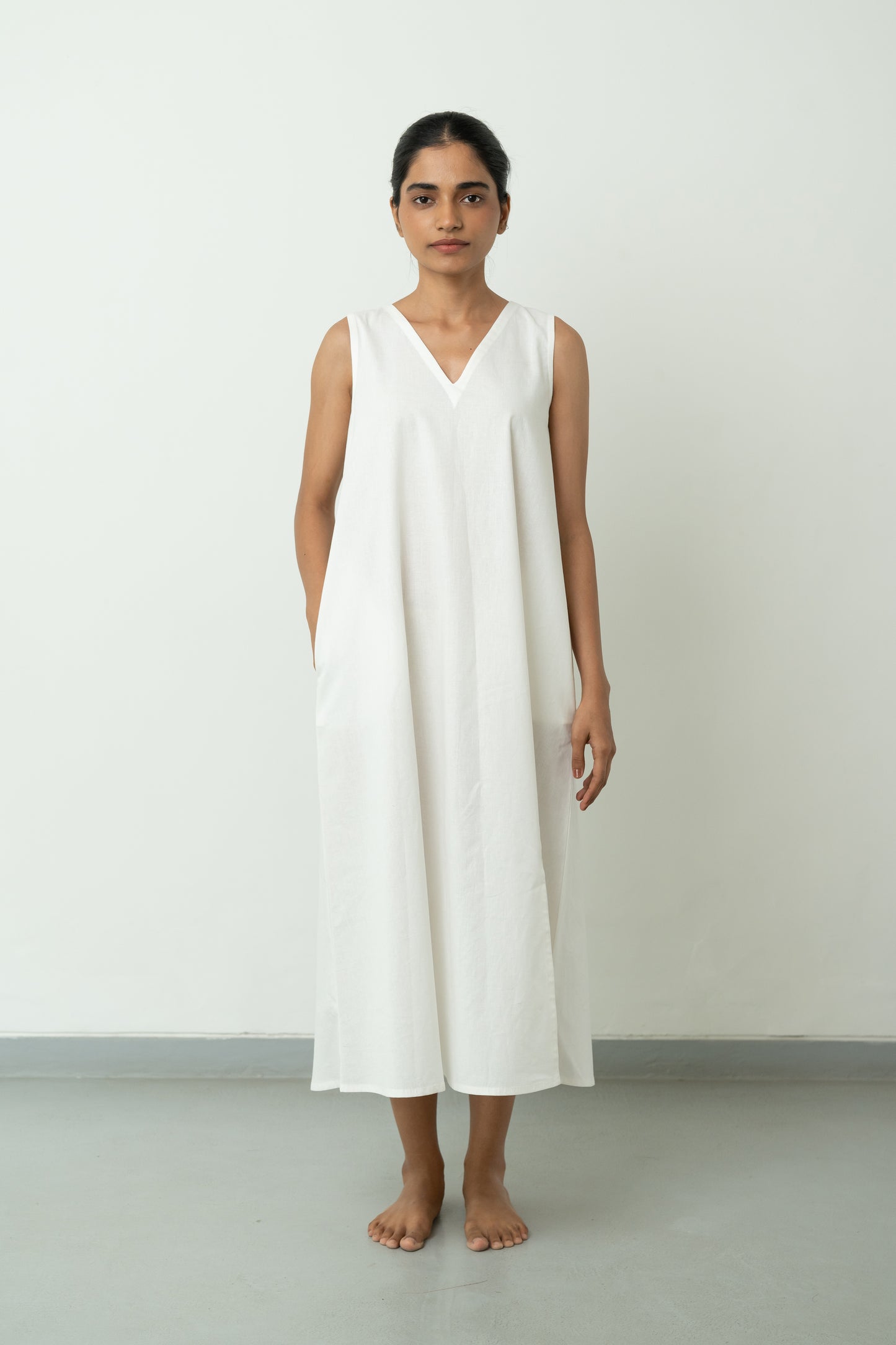 Single Slit White A-line Long Dress