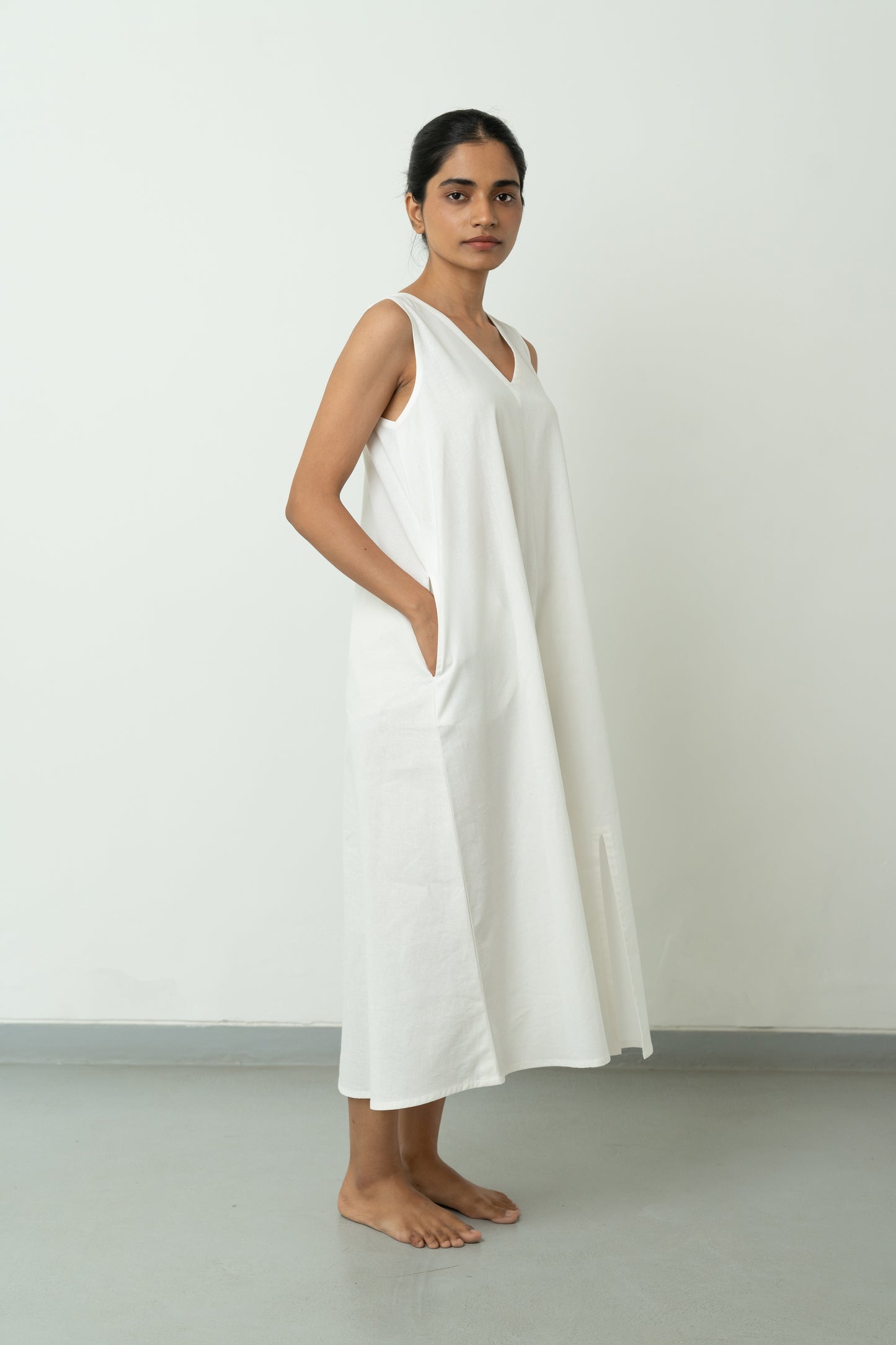 Single Slit White A-line Long Dress