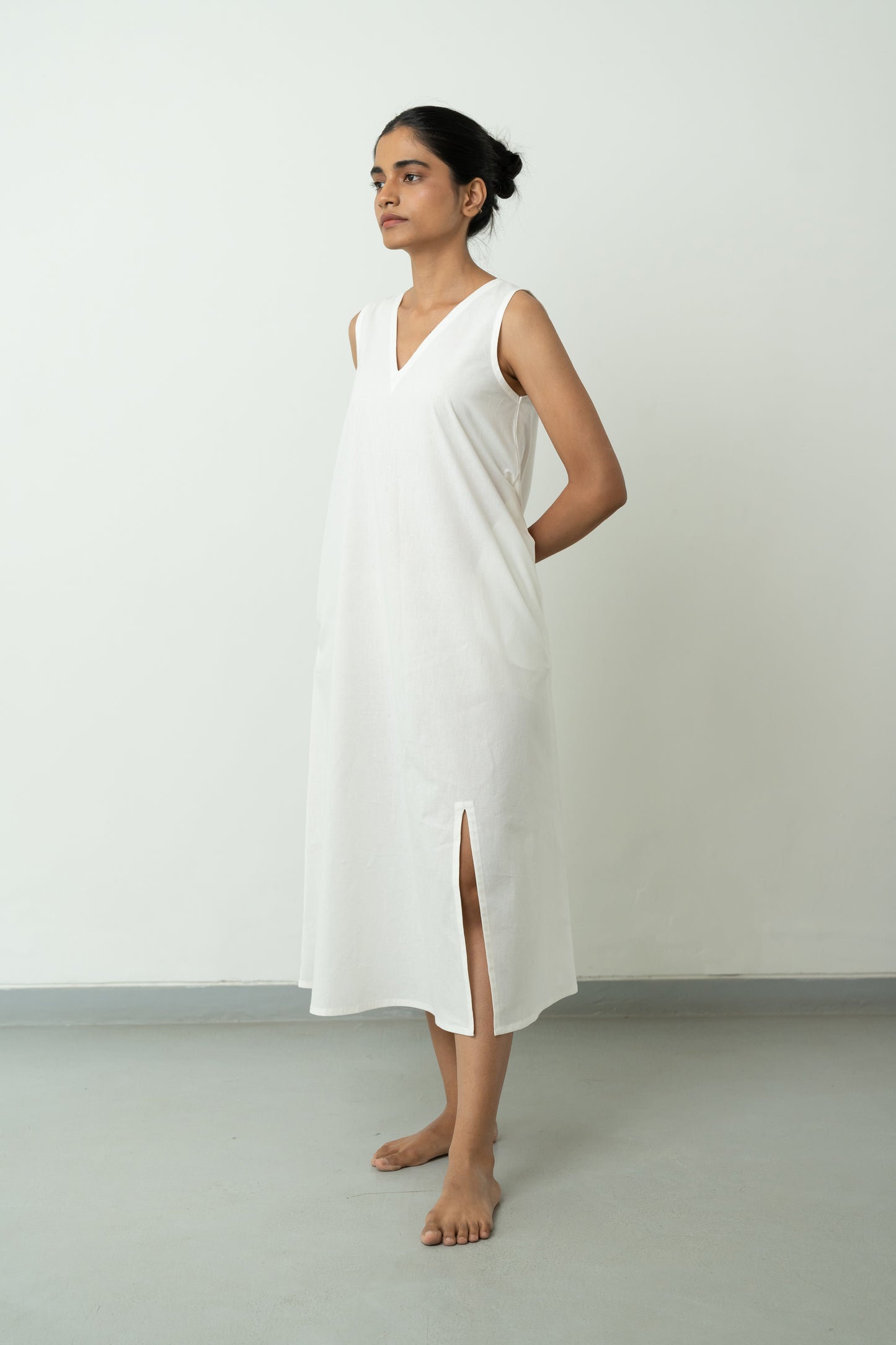 Single Slit White A-line Long Dress