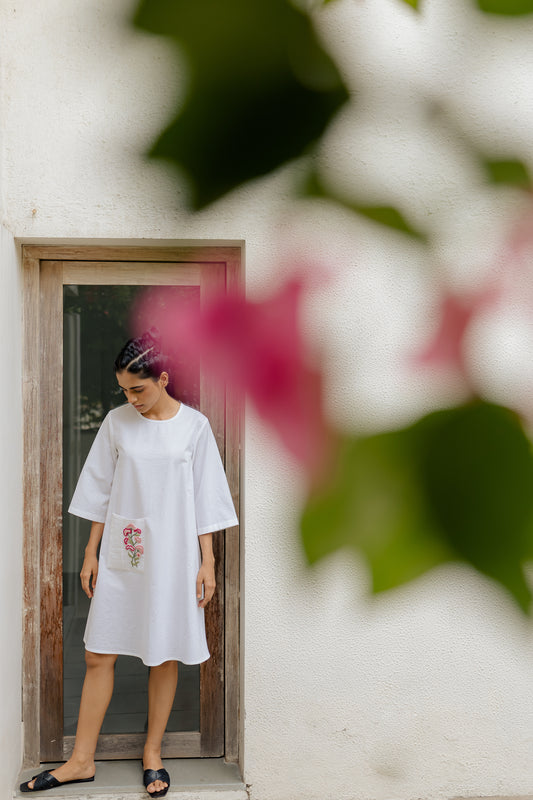 White A-line Pink Pocket Dress