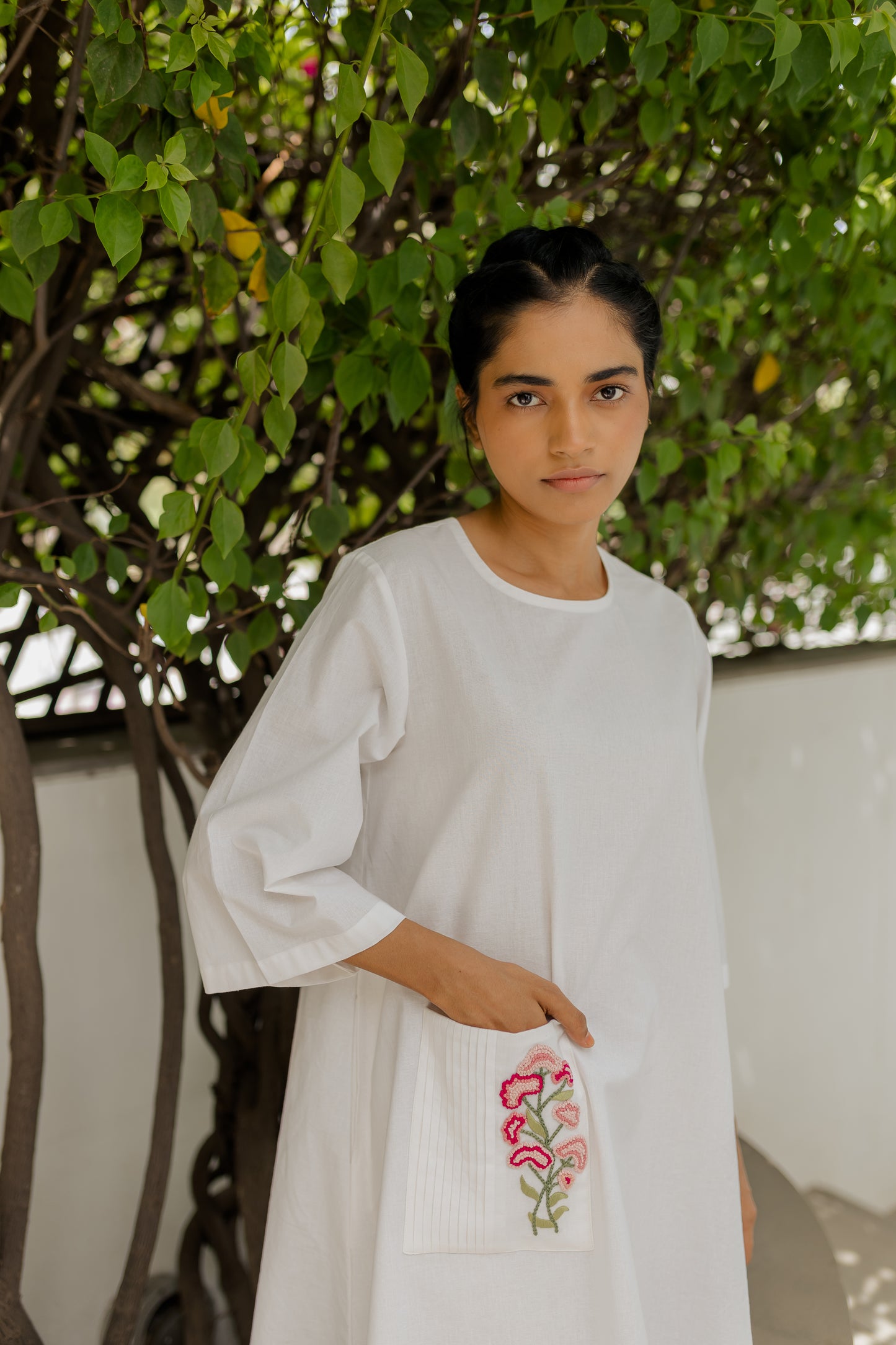 White A-line Pink Pocket Dress