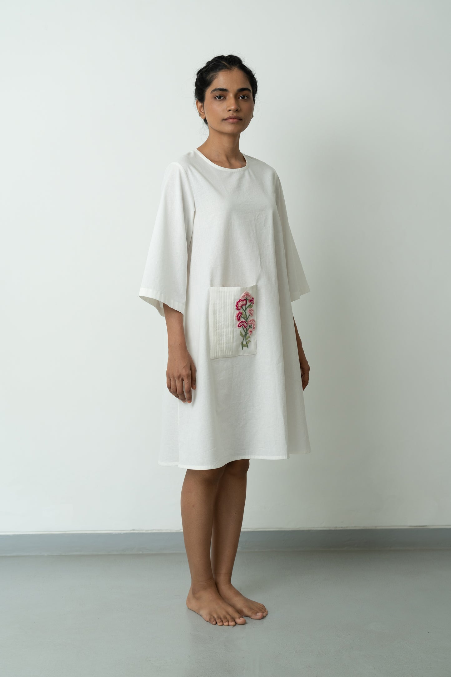 White A-line Pink Pocket Dress