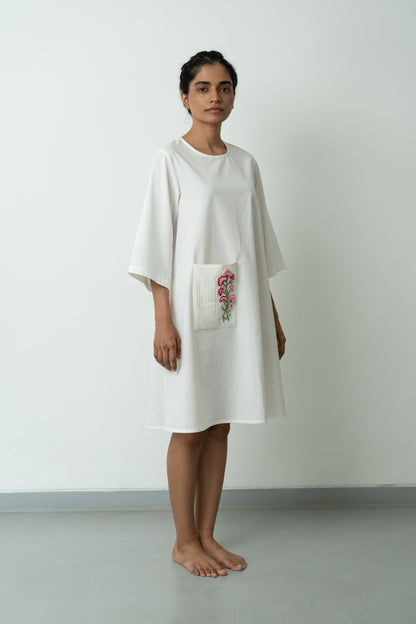 White A-line Pink Pocket Dress