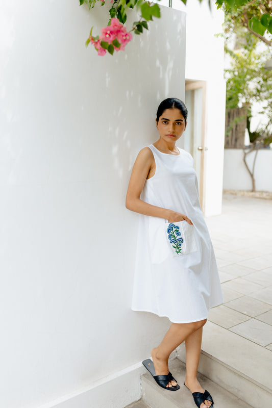 White A-line Blue Pocket Dress