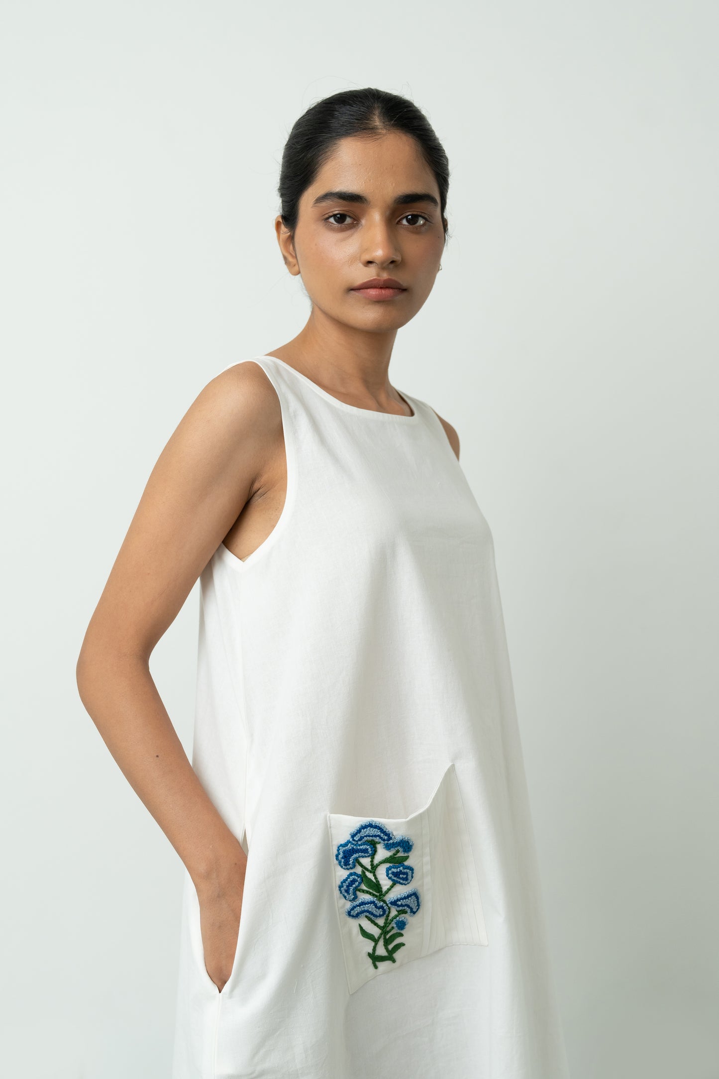 White A-line Blue Pocket Dress