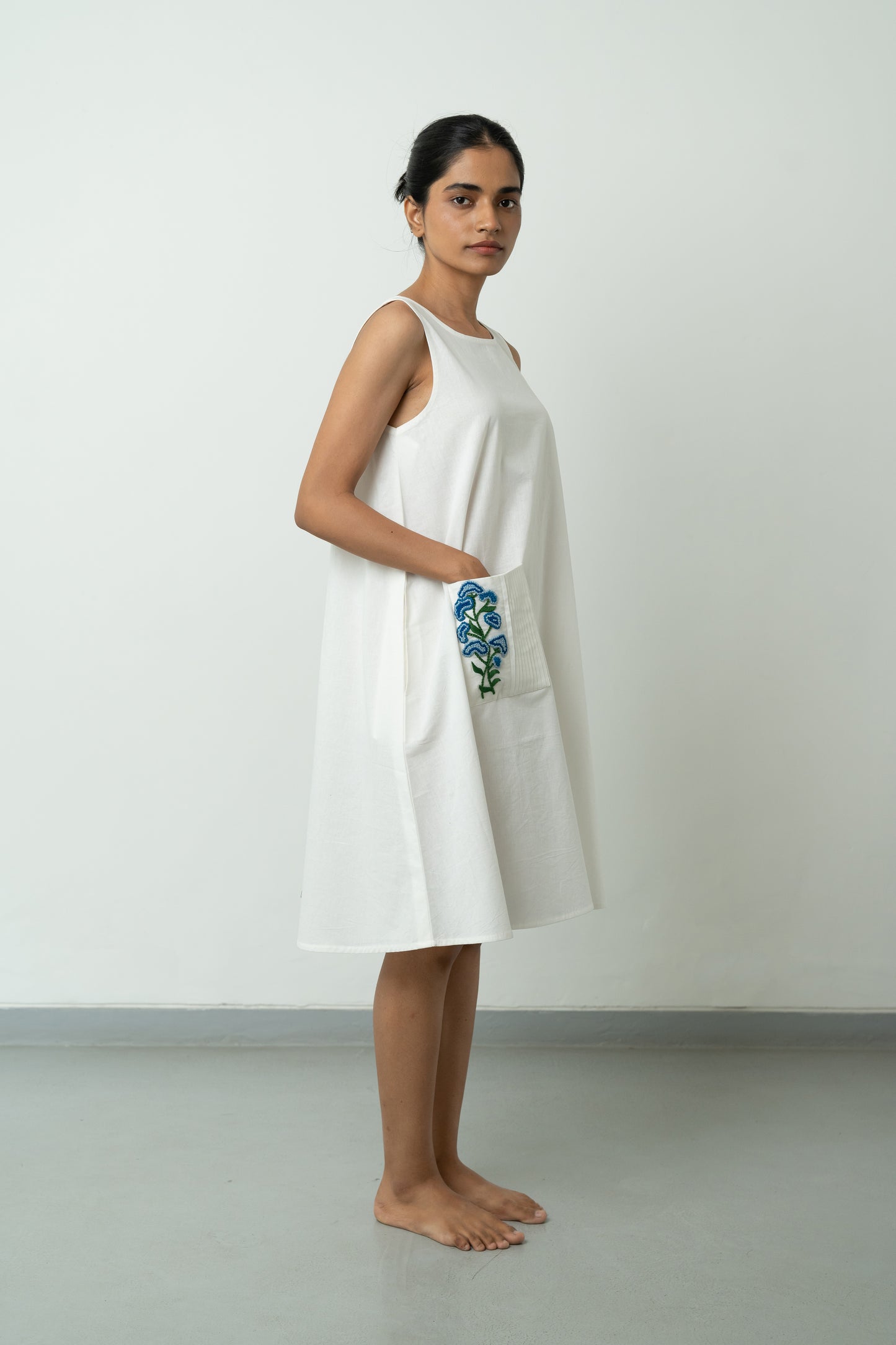 White A-line Blue Pocket Dress