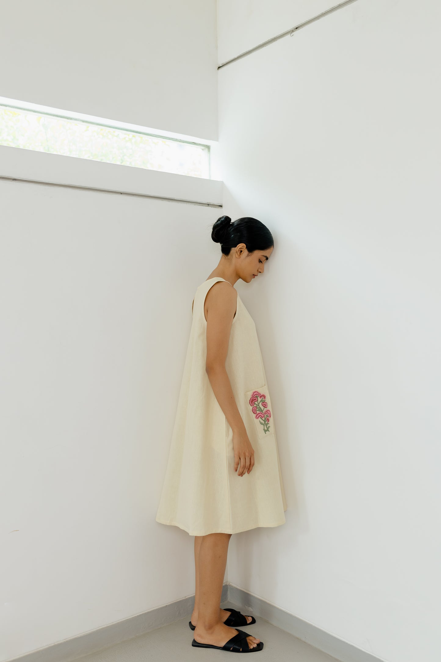 Beige A-line Pink Pocket Dress