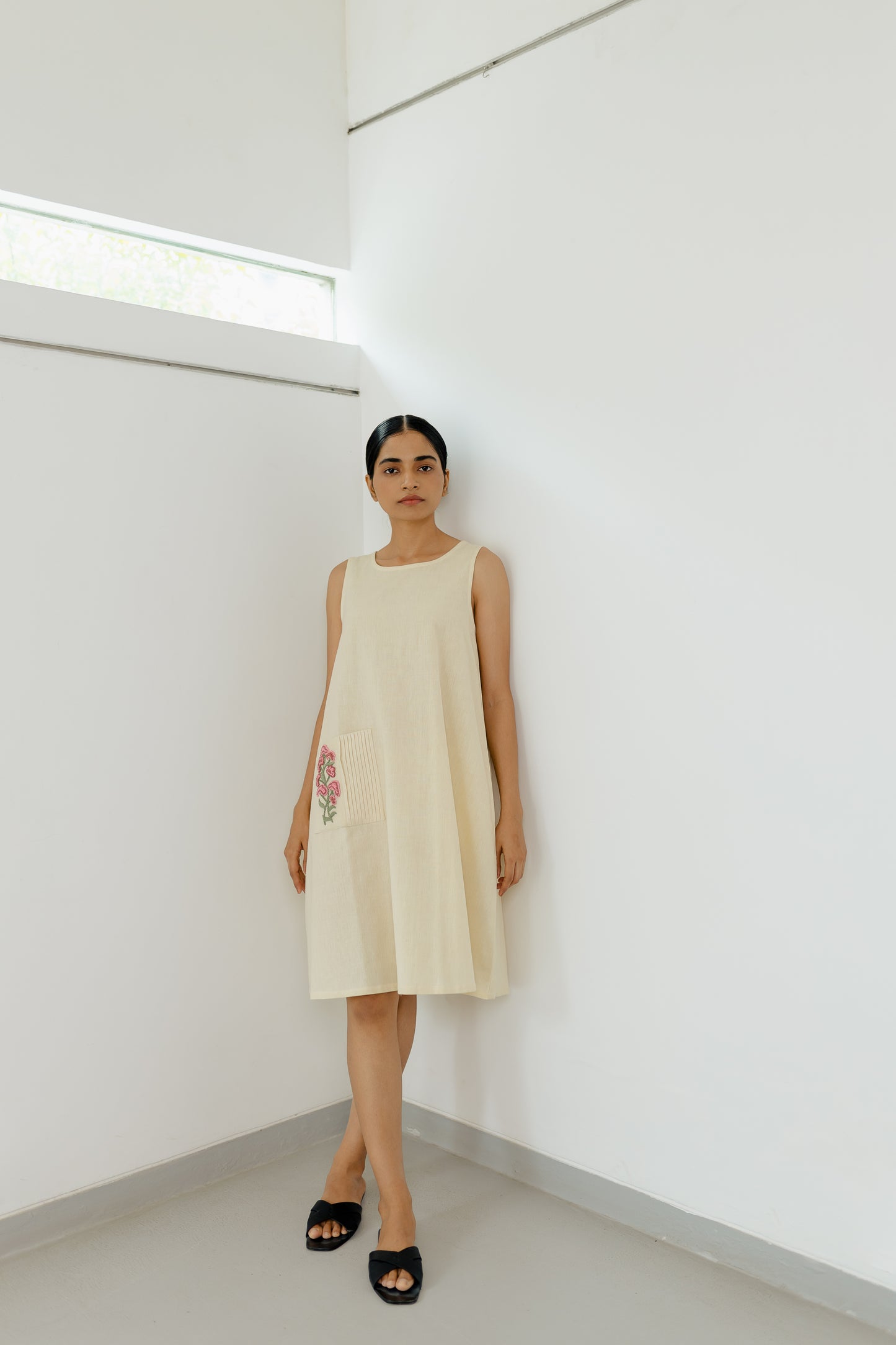 Beige A-line Pink Pocket Dress