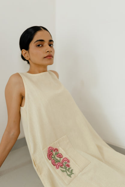 Beige A-line Pink Pocket Dress