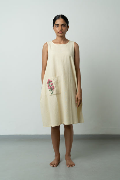 Beige A-line Pink Pocket Dress
