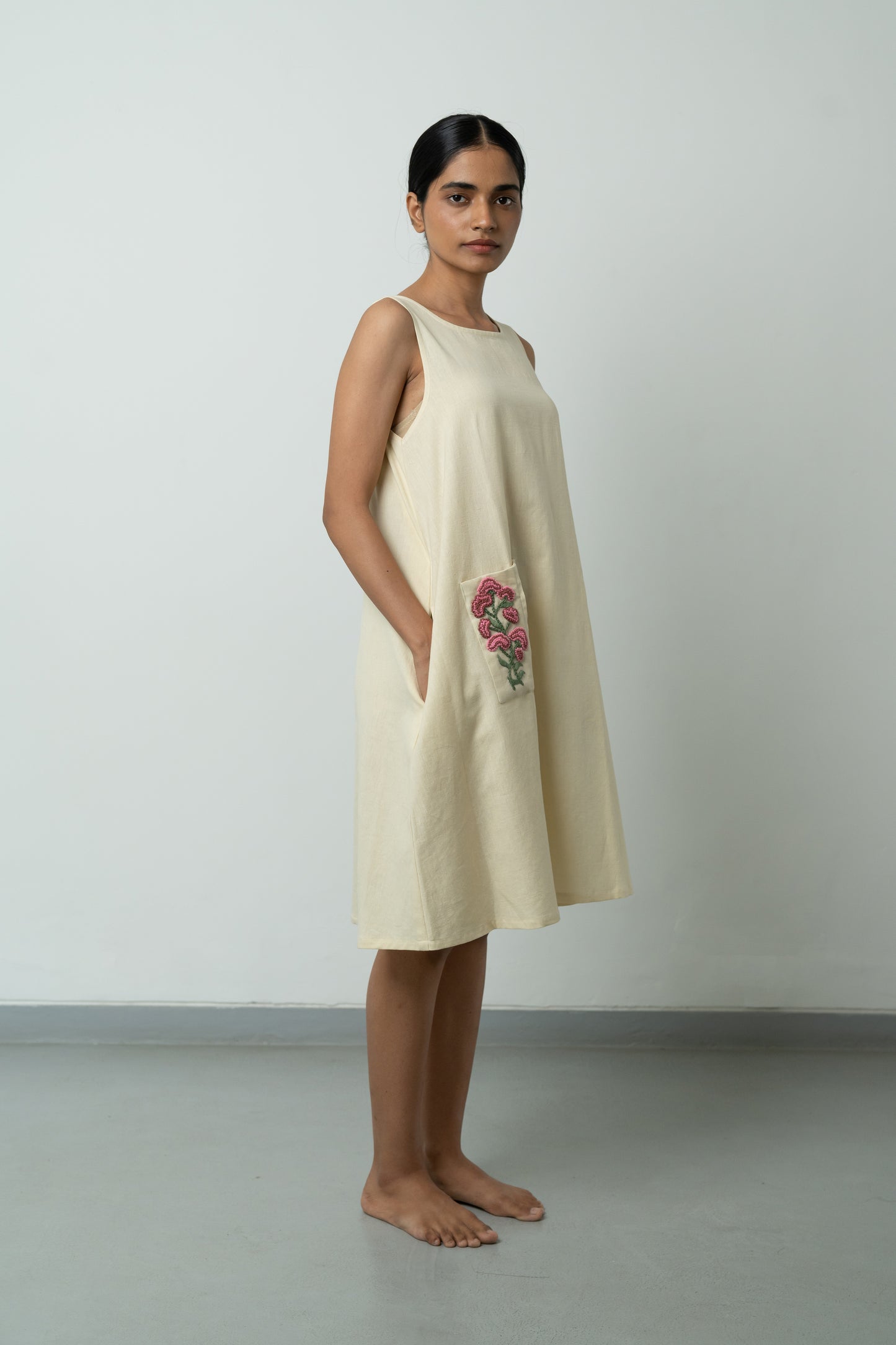 Beige A-line Pink Pocket Dress