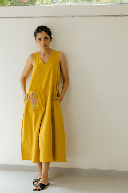 Mustard Yellow A-line Long Dress with Pink Pocket