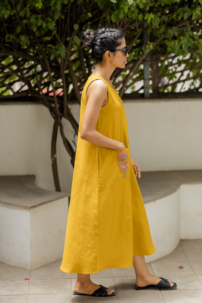 Mustard Yellow A-line Long Dress with Pink Pocket