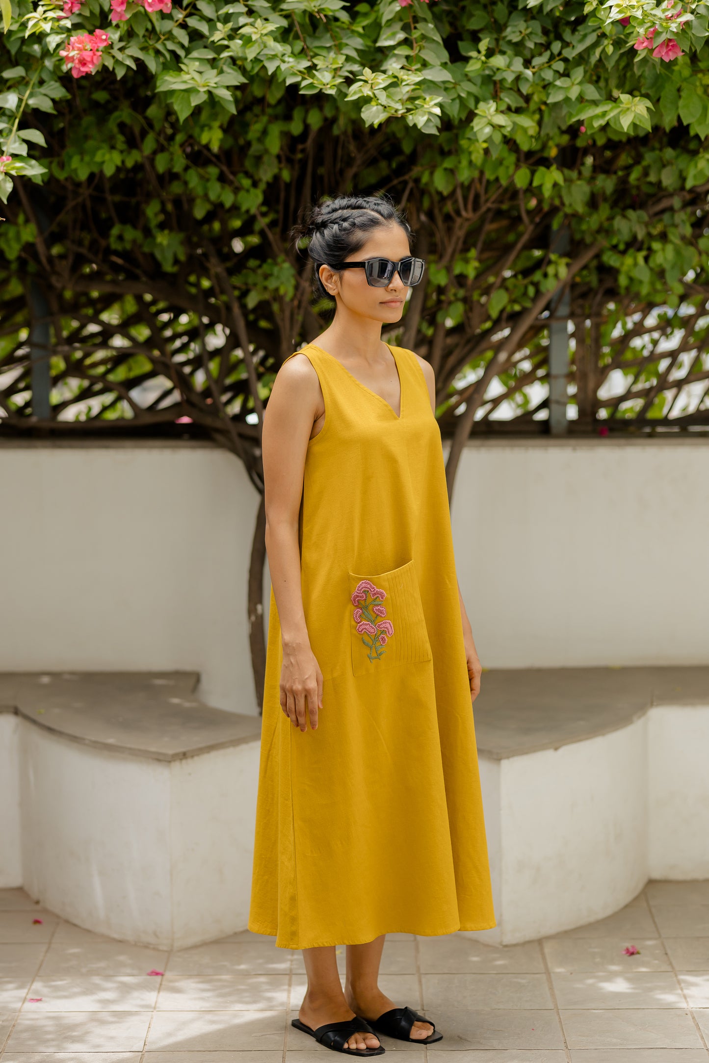 Mustard Yellow A-line Long Dress with Pink Pocket