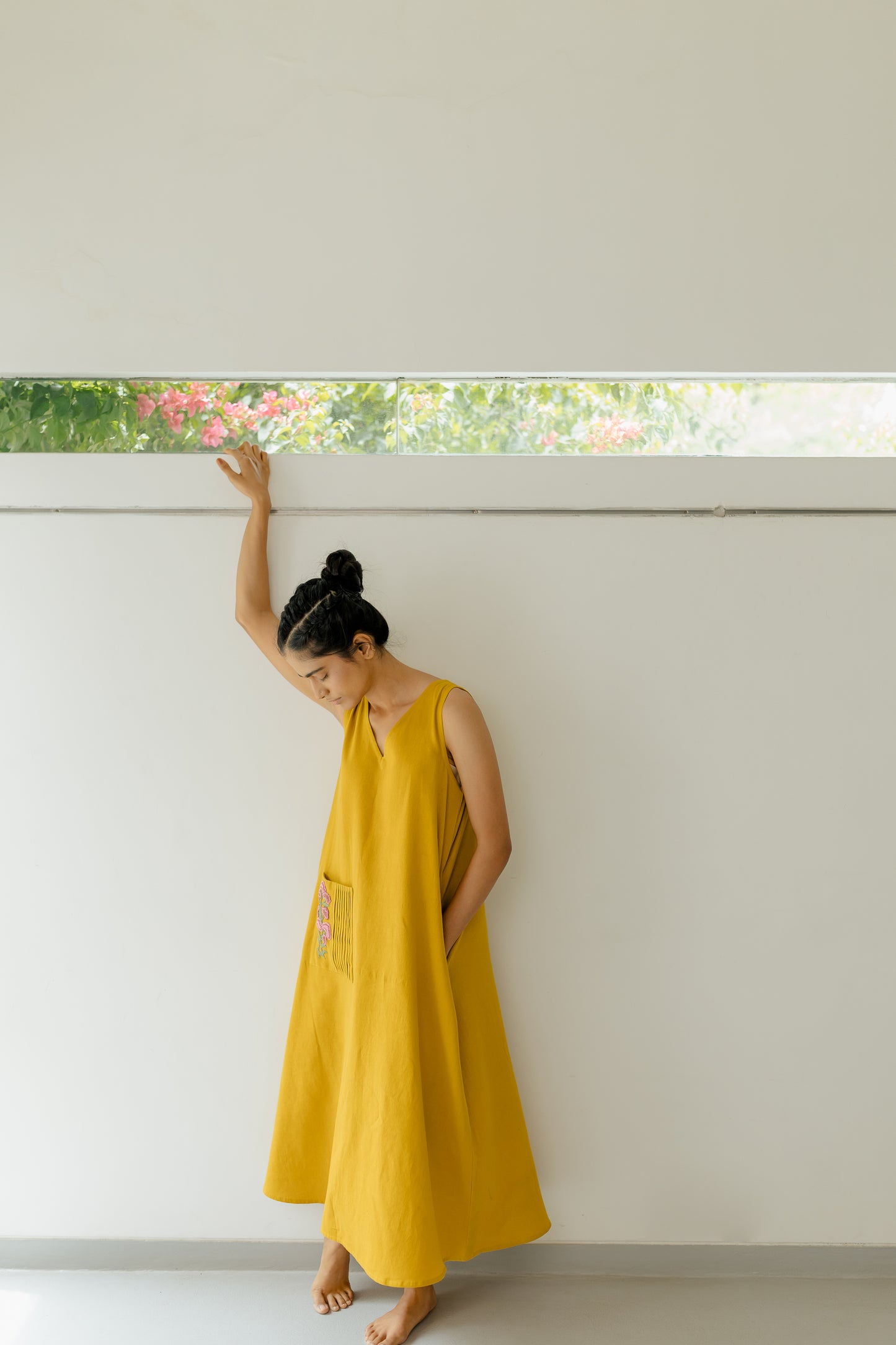 Mustard Yellow A-line Long Dress with Pink Pocket