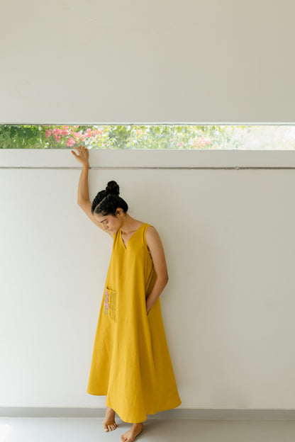 Mustard Yellow A-line Long Dress with Pink Pocket
