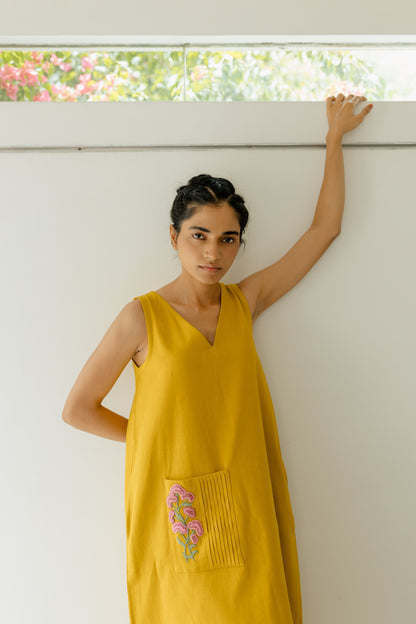 Mustard Yellow A-line Long Dress with Pink Pocket