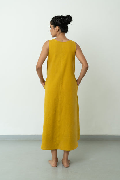 Mustard Yellow A-line Long Dress with Pink Pocket