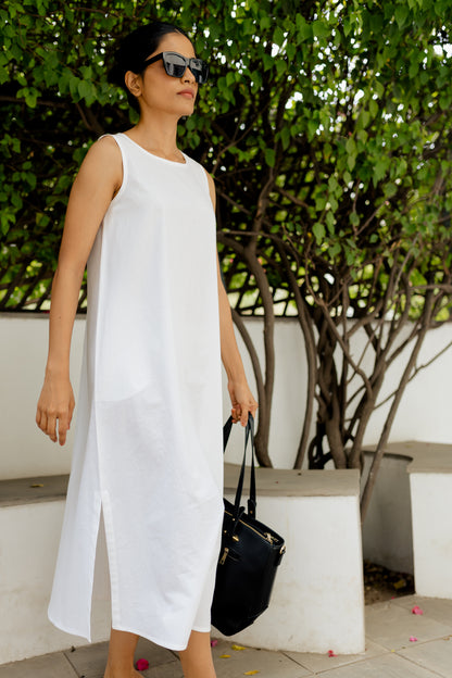 Double Slit White A-line Long Dress