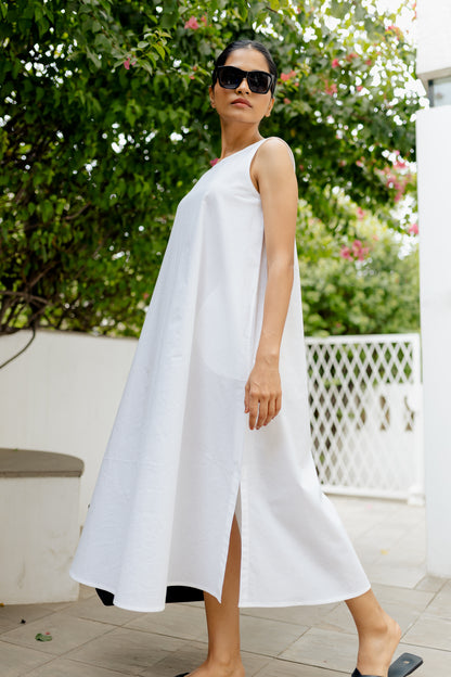 Double Slit White A-line Long Dress