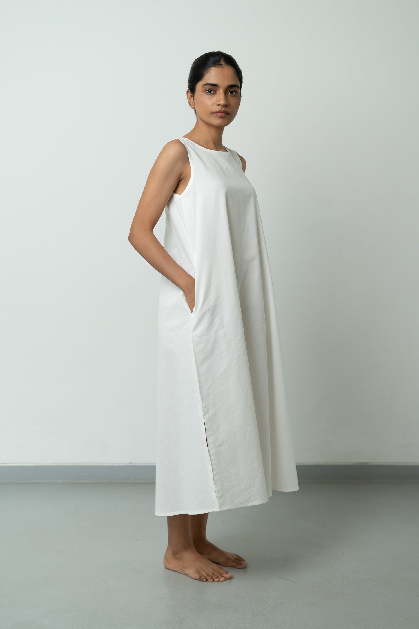 Double Slit White A-line Long Dress
