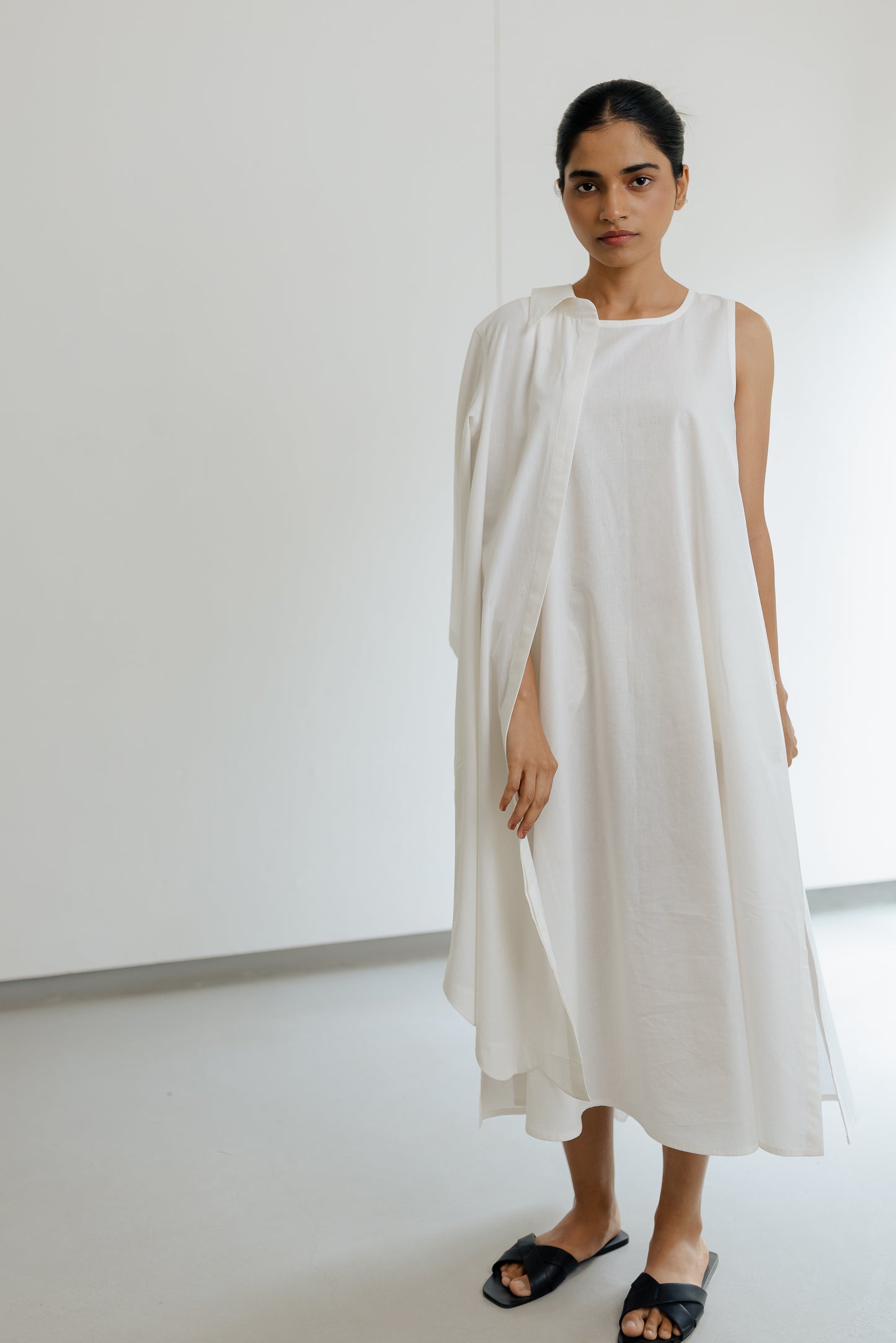 Double Slit White A-line Long Dress