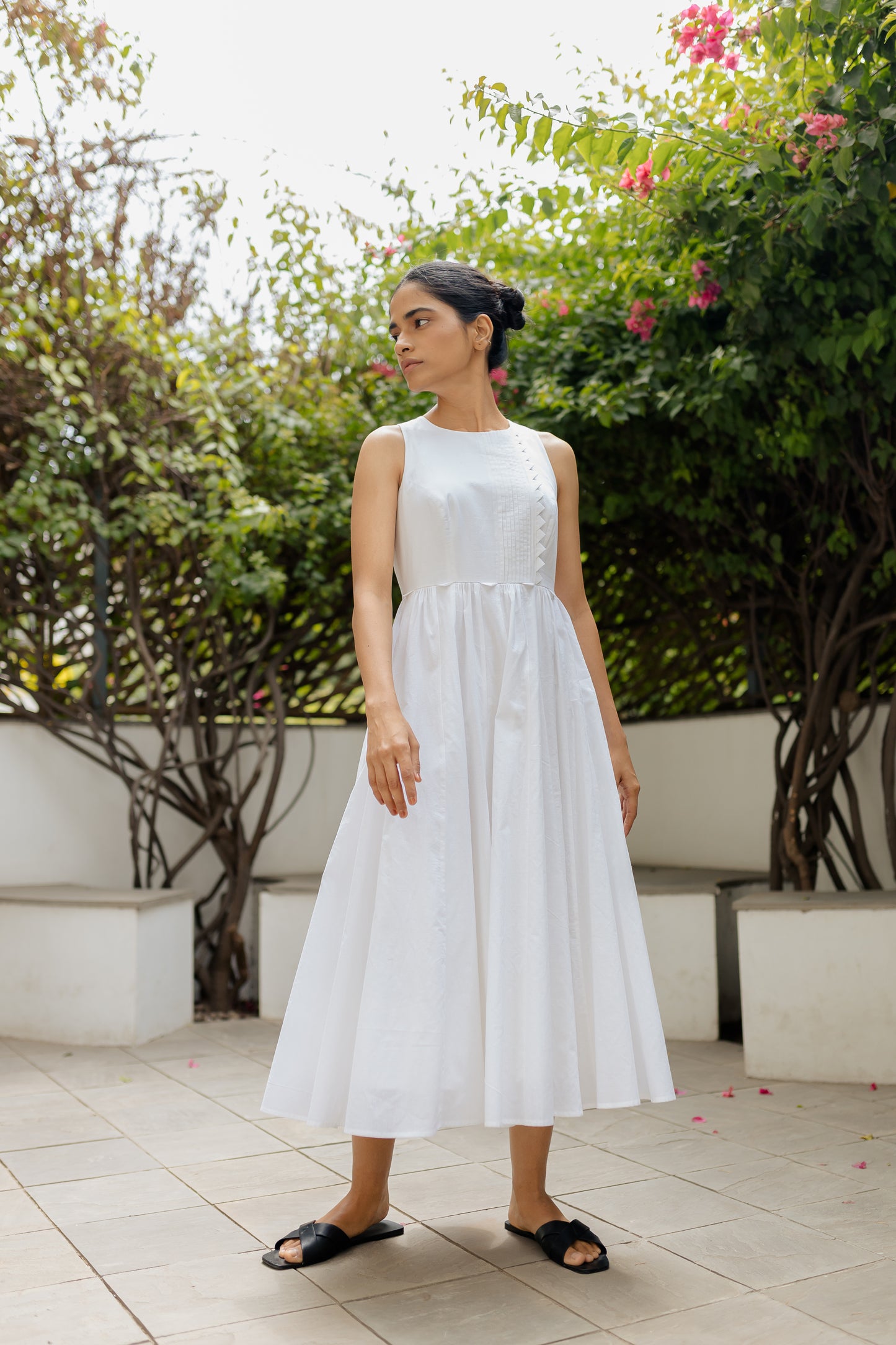 White Panelled Dress with Pleated Bodice