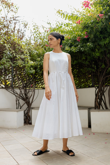 White Panelled Dress with Pleated Bodice