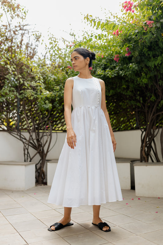 White Panelled Dress with Pleated Bodice