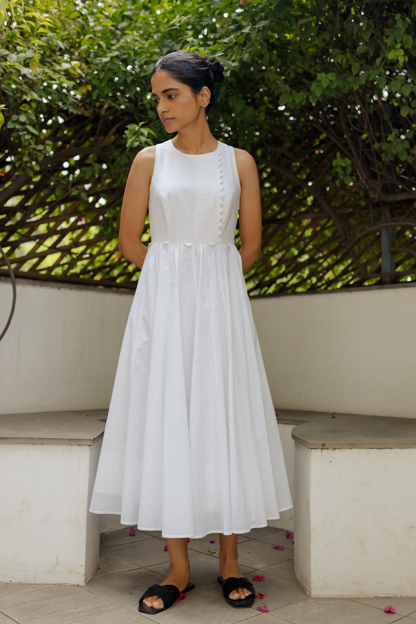 White Panelled Dress with Pleated Bodice