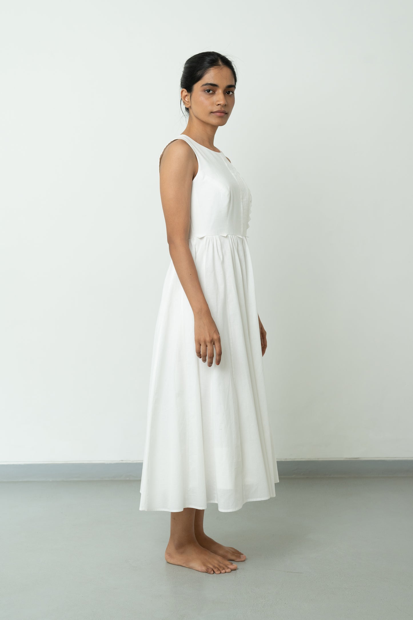 White Panelled Dress with Pleated Bodice
